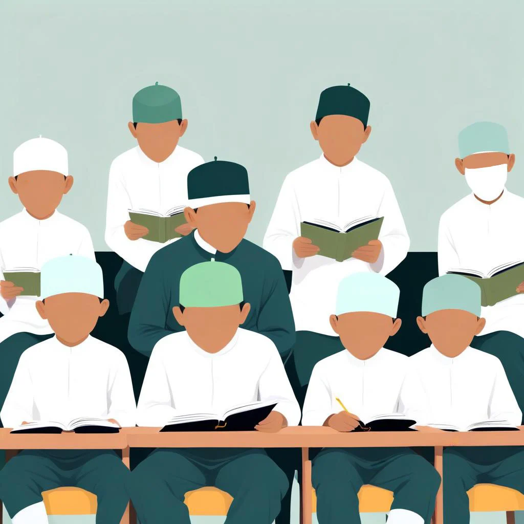 A group of 10 young Muslim boys, seated at tables with blank, featureless faces, reading a book. The background features shades of green, and the boys have no visible facial features—no eyes, eyebrows, or any expression.