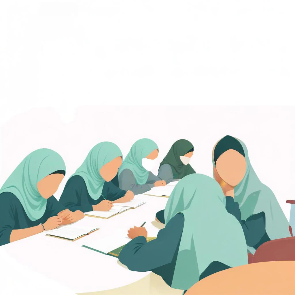 A Group Of 10 Teen Muslim Girls Sitting At Tables reading quran