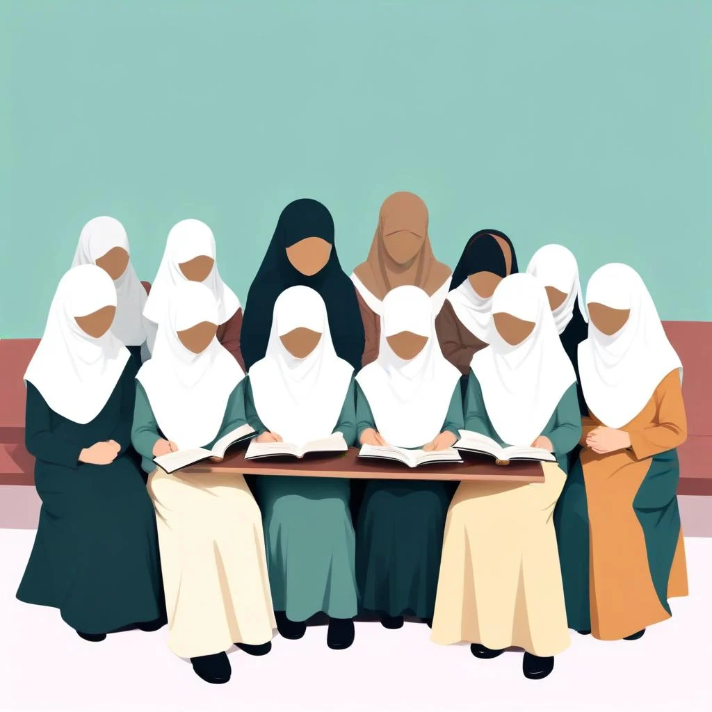 A Group Of 10 Young Muslim Girls Without Face Reading Quran