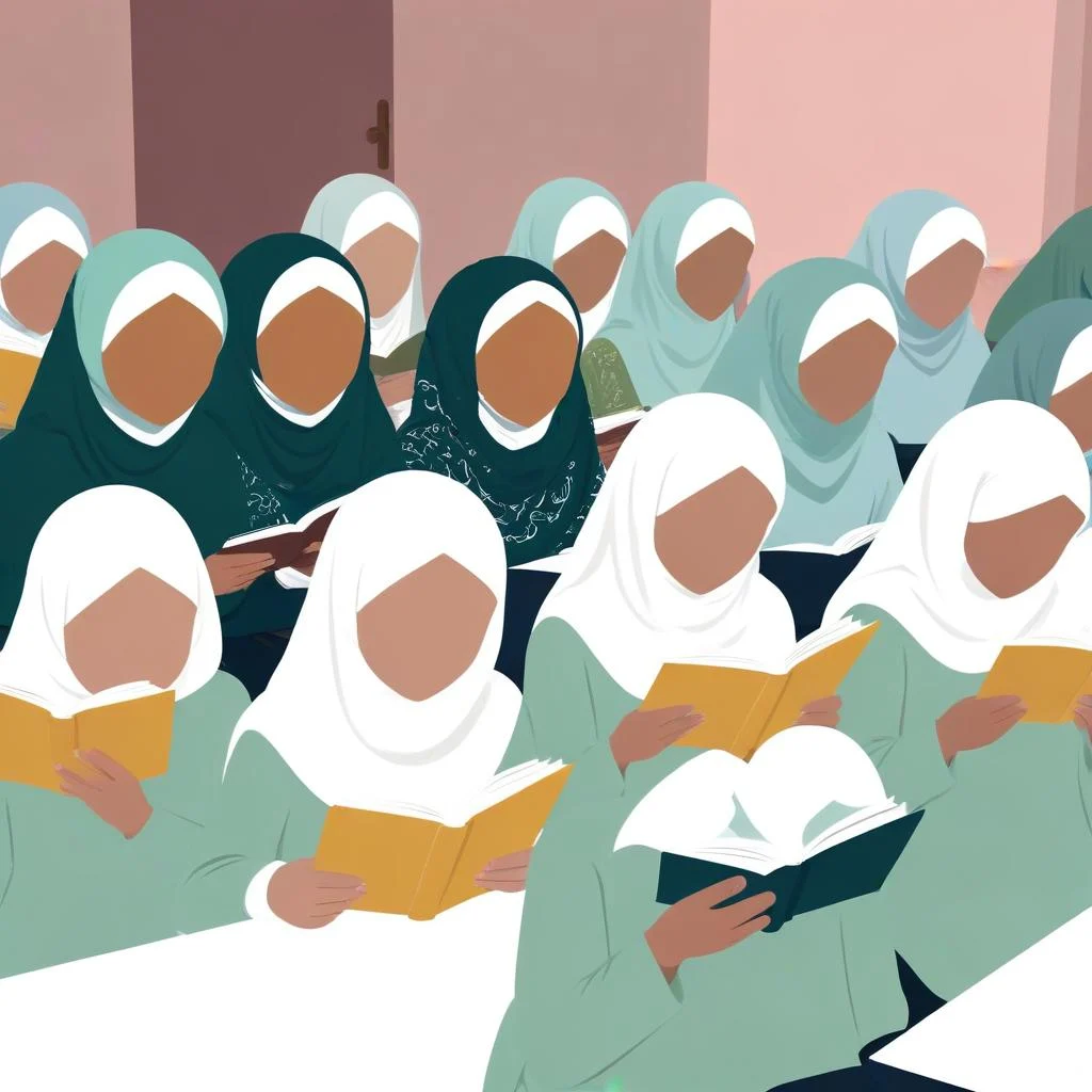 A Group Of 30 Young Muslim Girls Seated At Table reading quran