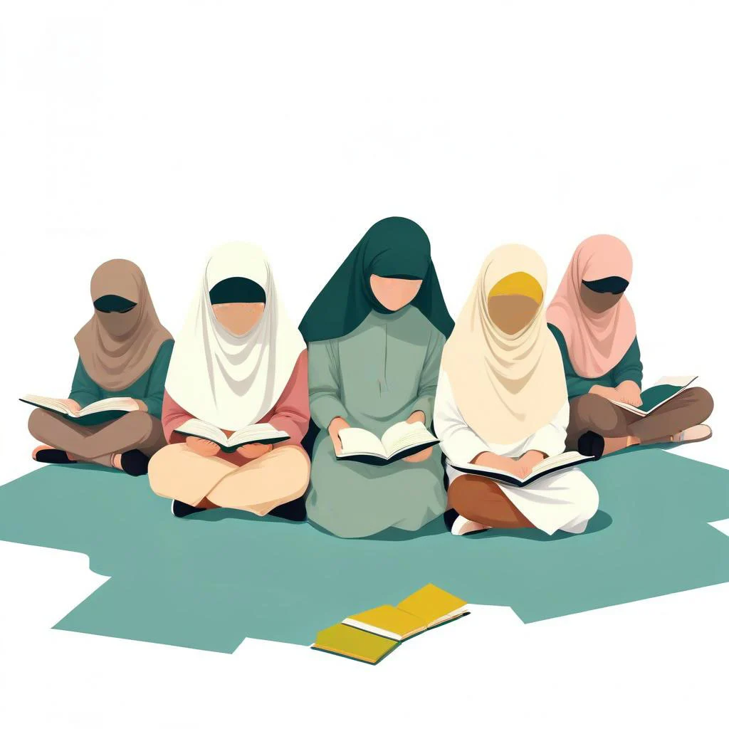 A Group Of 5 Young Muslim Girls Without Face Reading quran